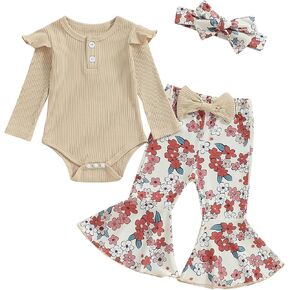 Fernvia Newborn Infant Baby Girl Clothes Ruffle Ribbed Long Sleeve Romper Floral Pants 3 6 9 12 18 Months Fall Winter outfits