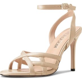 HDEUOLM Womens Stiletto High Heel Round Toe Strappy Sandals Slingback Ankle Strap Wedding Dress 3.9 Inches Heels