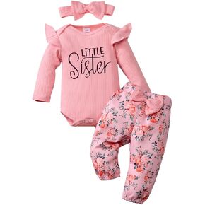 Newborn Baby Girl Clothes Ribbed Ruffled Romper Romper Top Floral Pants Sets Headband 3 Pieces Outfits