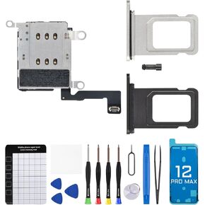 for iPhone 12 PRO MAX Dual SIM Card Reader Flex Cable with Black and Silver SIM Double Card Slot Tray Holder Adapter Replacement 12PROMAX Sim Ejector Repair Tool Kit A2342 A2410 A2411 A2412
