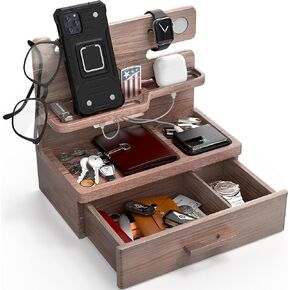 BARVA Gifts for Men Dad Birthday Ideas Wood Docking Station with Drawer Phone Nightstand Organizer Table Charging Dock Watch Charging Stand Wallet Gadget Device Bedside Holder Bedroom Desk Accessories