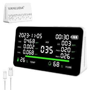 جهاز مراقبة جودة الهواء الداخلي 11 في 1 - محمول AQI PM2.5/PM10/CO/CO2/HCHO/TVOV، درجة الحرارة، كاشف الفورمالديهايد، الرطوبة، عرض الوقت لمراقبة المنزل|اختبار جودة الهواء للمساحة المحدودة