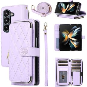 Wallet Case for Samsung Galaxy Z Fold 5 with Zipper Card Holder & Shoulder Strap & Wrist Strap, Crossbody Purse Handbag Stylish Protective Cover for Z Fold 5 -Rose Gold