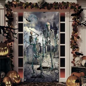 Halloween Door Cover Decorations Large Fabric Skeleton Door Cover Halloween Front Door Covering Scary Skull Backdrop Banner for Halloween Party,Birthday Decoration(36"x 71")