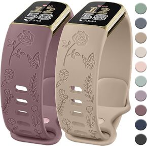 2 Pack Rose Butterfly Engraved Bands Compatible with Fitbit Charge 6 Bands & Fitbit Charge 5 Bands for Women, Silicone Elegant Floral Pattern Replacement for Fitbit Charge 6/Fitbit Charge 5