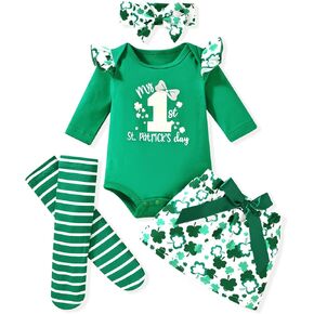fioukiay My First St Patrick's Day Baby Girls Outfit Romper Clover Bow Skirt with Headband Infant Newborn Clothes Set