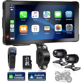 ATOVANKA Portable Motorcycle Carplay with Wire Control,Wireless Carplay/Android Auto,Dual HD 1080P Cameras,5.5 Inch IPS Touch Screen, Dual Bluetooth, IP67 Waterproof, Siri & Google Voice, 64 TF Card