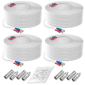 OOSSXX (4 Pack 100 Feet) Video Power Cable BNC Extension Outdoor Wired Surveillance Camera All-in-One Cables for CCTV Security Cameras DVR System with 4xBNC Connectors and 4xRCA Adapters