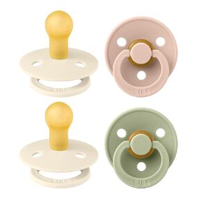 BIBS Colour Soother 4-Pack | BPA Free Dummy Pacifier | Round Nipple | Natural Rubber Latex | Made in Denmark | Size 0-6 Months | Ivory Mix