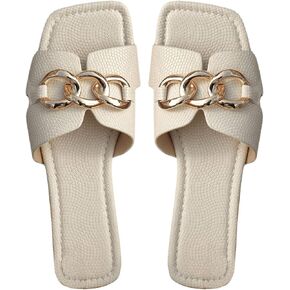 Floerns Women's Square Open Toe Dressy Summer Slide Sandals PU Leather Flat Sandals