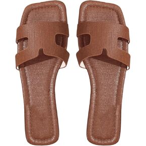 Floerns Women's Leather H Band Flat Sandal Slip on Open Toe Cut Out Slipper