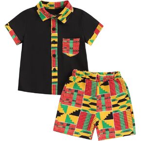 Mubineo Toddler Baby Boy Summer African Print Kente Dashiki Clothes Outfits T Shirts Shorts Sets