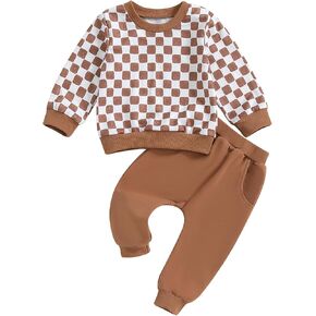 Toddler Baby Boy Girl Outfit Checkerboard Plaid Sweatshirt Pullover Tops Jogger Pants Fall Winter Clothing Set