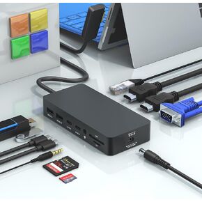 Microsoft Surface Docking Station,Triple Displays 2 HDMI+VGA, 12 in 1 Surface Dock for Microsoft Surface Pro 11/10/9/8/X/7/6/5/4/3, Surface Laptop 6/5/4/3/2/1, Surface Laptop Go 3/2/1, Surface Book
