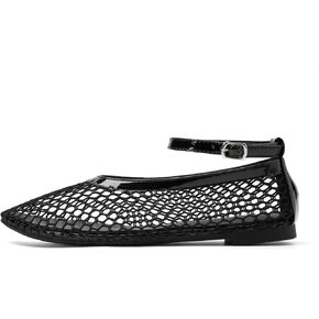 Women's Mesh Ballet Flats Shoes for Women Fishnet Ballet Flats Mary Jane Flats Round Toe Comfortable Dressy Netted Ballet Flats with Buckle Strap Black