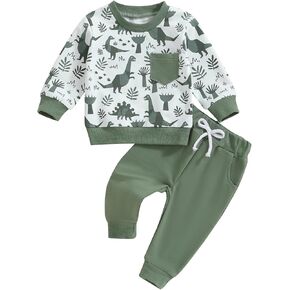 Toddler Boys Cartoon Dinosaur Outfits Crew Neck Pocket Long Sleeve Sweatshirts and Long Pants 2Pcs Clothes Set