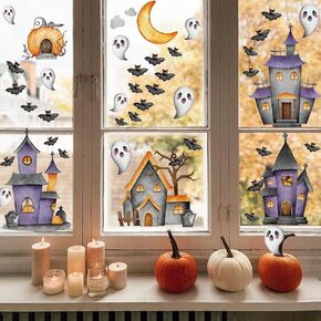 Haunted House Halloween Wall Decal, Pumpkin Grave Scary Spooky Decals，Window Stickers，Wall Decor Mural for Nursery Baby Kids Bedroom Living Room Kitchen Home Decoration.