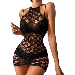 Womens Fishnet Bodystocking Sparkle Rhinestone Mesh Tights Colorful One Piece Hanging Neck Sexy Tight Cross Bra Fishing Net Fun Underwear Women's No Take Off Tight Mesh（Red
