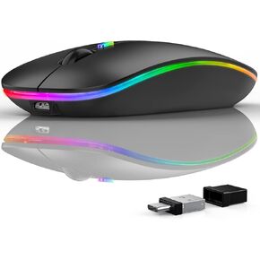 Wireless Bluetooth Mouse Three-mode Connection:BT5.0+USB A+USB C- Rechargeable,Ergonomic,Mute Click,LED Colored Lights,1600 DPI,Portable Mouse-Compatible with Mac ipad Tablet Laptop PC Computer