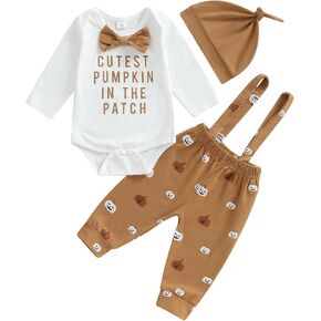 Newborn Baby Boy Halloween Outfit Letter Long Sleeve Romper Pumpkin Overalls Pants Set Hat 3Pcs Fall Winter Clothes