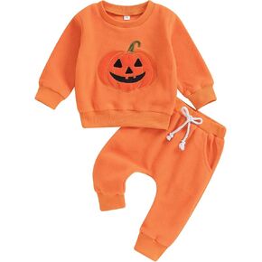 Toddler Baby Boy Girl Halloween Outfit Pumpkin Embroidery Crewneck Sweatshirt Fleece Pants Set Fall Winter Clothes