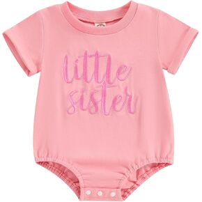 Honganda Newborn Baby Girl Boy Littler Sister Little Brother Embroidery Bodysuit Short Sleeve Summer Romper Onesie
