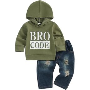 Baby Toddler Boys Fall Winter Outfit Set Hooded Clothes Bro Code Letter Print Sweater Tops with Ripped Denim Pants