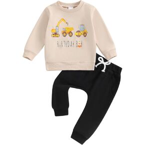 Birthday Boy Outfit Toddler Baby Boys Construction Excavator Pullover Sweatshirt and Solid Jogger Pants Set