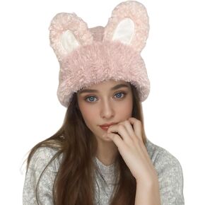 JUMISEE Cute Plush Bunny Ear Beanie Hats for Women Girls Y2K Rabbit Warm Winter Hat Skull Cap