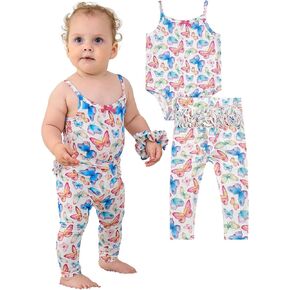 Baby Girl Summer Clothes Set Sleeveless Bodysuit and Ruffled Leggings Pants Set, Viscose from Bamboo
