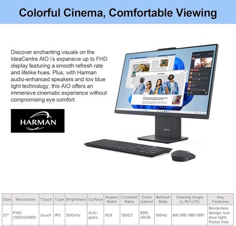 Lenovo 2024 IdeaCentre I All-in-One, 27" FHD Touchscreen 100Hz, Intel Core i5-13420H, 32GB DDR5 RAM, 2TB SSD, Wireless Charging Base, Wireless KB & Mouse, Wi-Fi 6, Windows 11 Home, Grey in Kuwait