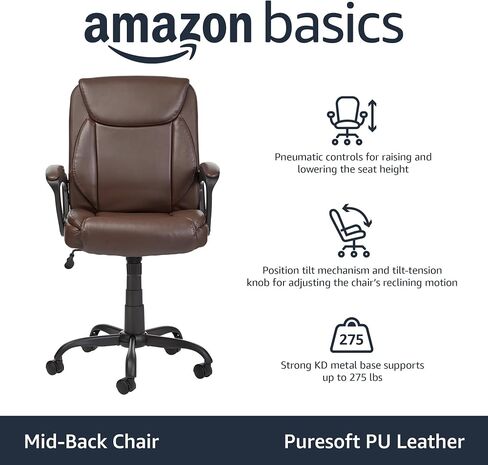 Amazon Basics Classic Puresoft PU Padded Mid-Back Office Computer Desk Chair with Armrest, 26"D x 23.75"W x 42"H, Black in Saudi Arabia