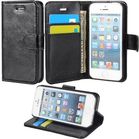 حافظة Wisdompro لهاتف iPhone 5، وiPhone 5s، وiPhone SE 2016، حافظة هاتف واقية من جلد البولي يوريثان مع فتحات لبطاقة الائتمان وإغلاق مغناطيسي لهاتف iPhone SE الجيل الأول/5s/5 - أسود in Kuwait