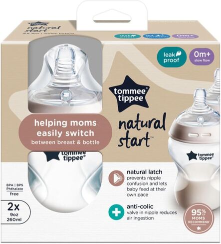 زجاجات تومي تيبي كلوزر تو نيتشر للأطفال ذات تدفق بطيء تشبه حلمة الثدي مع صمام مضاد للمغص (9 أونصة، 4 قطع) وردي وأخضر in Kuwait