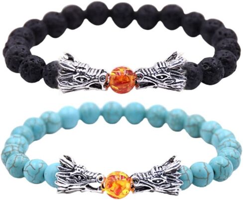 JczR.Y Dragon Bracelet Black Lava White Howlite Beaded Dragon Head Bracelet Stretch Natural Stone Turquoise Tiger Eye Bracelet for Women Retro Luck Charm Healing Beads Bracelet Jewelry in Saudi Arabia