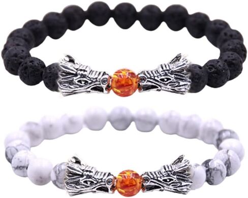 JczR.Y Dragon Bracelet Black Lava White Howlite Beaded Dragon Head Bracelet Stretch Natural Stone Turquoise Tiger Eye Bracelet for Women Retro Luck Charm Healing Beads Bracelet Jewelry in Saudi Arabia