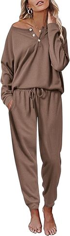 طقم بيجامة نسائي من Andeip طقم صالة منسوج من قطعتين بأكمام طويلة وسروال طقم ملابس للاستلقاء من Pj in Kuwait