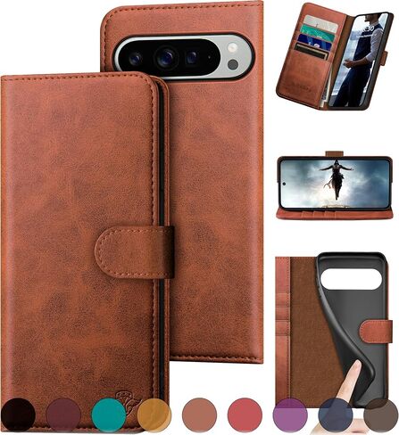 for Google Pixel 9 Pro XL 6.8" 5G Genuine Leather Wallet case【RFID Blocking】【4 Credit Card Holder】【Real Leather】 Flip Phone Cover Women Men for Pixel 9 Pro XL case Light Brown in Saudi Arabia