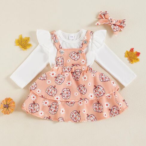 Baby Halloween Outfit Girl Long Sleeve Pumpkin Romper Suspender Dress Newborn Fall Winter Clothes in Kuwait