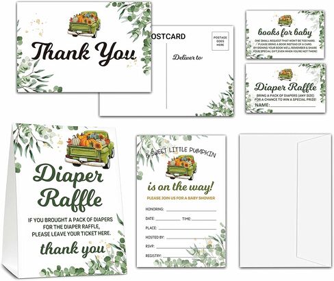 مجموعة دعوات استحمام الطفل لعيد الشكر في الخريف - ديكورات استحمام الطفل الخضراء - شاحنة اليقطين 1 لافتة يانصيب للحفاضات و25 تذكرة يانصيب للحفاضات، 25 بطاقة طلب كتاب، 25 بطاقة بريدية شكرًا لك، 25 دعوة مملوءة بالأظرف (03) in Kuwait
