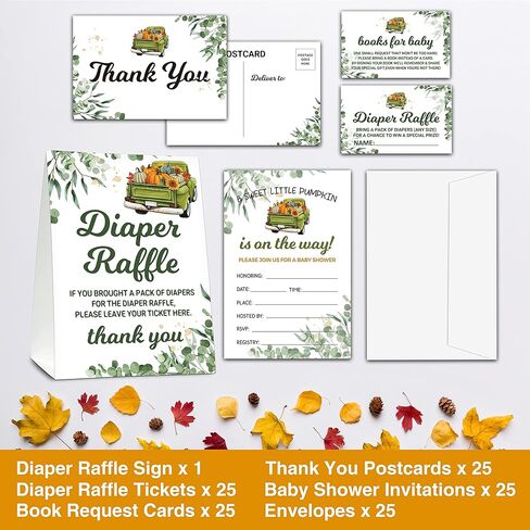 مجموعة دعوات استحمام الطفل لعيد الشكر في الخريف - ديكورات استحمام الطفل الخضراء - شاحنة اليقطين 1 لافتة يانصيب للحفاضات و25 تذكرة يانصيب للحفاضات، 25 بطاقة طلب كتاب، 25 بطاقة بريدية شكرًا لك، 25 دعوة مملوءة بالأظرف (03) in Kuwait