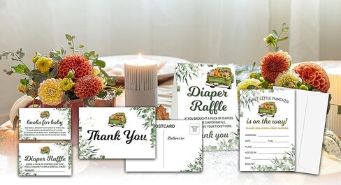 مجموعة دعوات استحمام الطفل لعيد الشكر في الخريف - ديكورات استحمام الطفل الخضراء - شاحنة اليقطين 1 لافتة يانصيب للحفاضات و25 تذكرة يانصيب للحفاضات، 25 بطاقة طلب كتاب، 25 بطاقة بريدية شكرًا لك، 25 دعوة مملوءة بالأظرف (03) in Kuwait