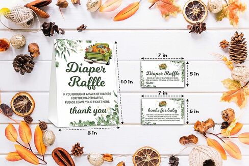 مجموعة دعوات استحمام الطفل لعيد الشكر في الخريف - ديكورات استحمام الطفل الخضراء - شاحنة اليقطين 1 لافتة يانصيب للحفاضات و25 تذكرة يانصيب للحفاضات، 25 بطاقة طلب كتاب، 25 بطاقة بريدية شكرًا لك، 25 دعوة مملوءة بالأظرف (03) in Kuwait