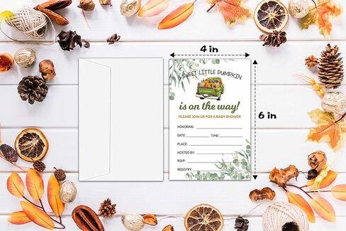 مجموعة دعوات استحمام الطفل لعيد الشكر في الخريف - ديكورات استحمام الطفل الخضراء - شاحنة اليقطين 1 لافتة يانصيب للحفاضات و25 تذكرة يانصيب للحفاضات، 25 بطاقة طلب كتاب، 25 بطاقة بريدية شكرًا لك، 25 دعوة مملوءة بالأظرف (03) in Kuwait