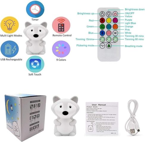 Animal-Shaped Night Light, Rechargeable LED Soft Silicone (BPA Free) Bedside Lamp for Children/Adults, Adjustable Brightness and 9 Colors by Touch Control & Remote Control (Big Fox) in Saudi Arabia