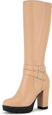 Perphy Round Toe Platform Chunky Heels Knee High Boots for Women in Saudi Arabia