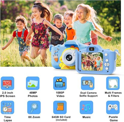 Kids Camera, Digital Camera for Girls with 64G SD Card, 48 MP HD 1080P IPS Screen Dual Selfie Digital Toddler Video Camera Toy for Kids, Great Christmas Birthday Gift for Boys and Girls in Saudi Arabia