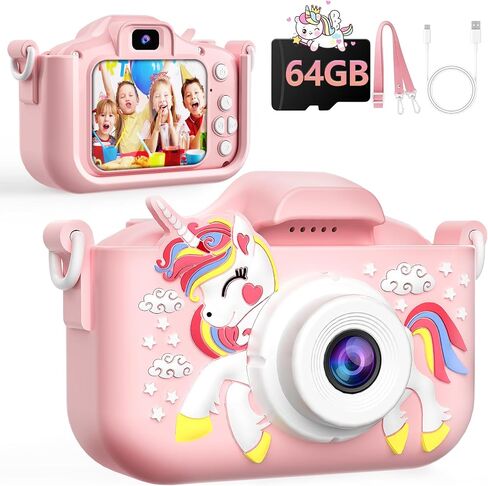 Kids Camera, Digital Camera for Girls with 64G SD Card, 48 MP HD 1080P IPS Screen Dual Selfie Digital Toddler Video Camera Toy for Kids, Great Christmas Birthday Gift for Boys and Girls in Saudi Arabia