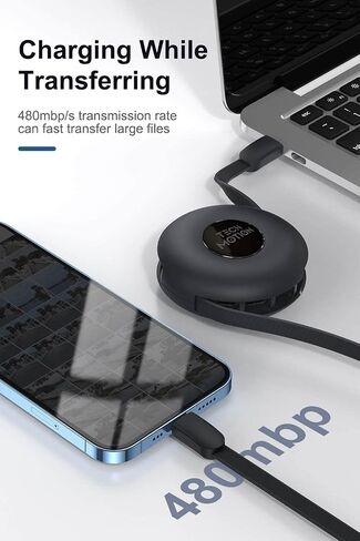 كابل شحن مغناطيسي قابل للسحب 3 في 1 - توصيل طاقة بقدرة 60 وات USB-C من النوع C/Micro USB، متوافق مع الهواتف المحمولة والأجهزة اللوحية، 39 بوصة (أسود) in Saudi Arabia