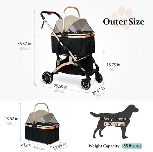Cttasty Pet Stroller, Dog Strollers with Removable Carrier, Pet Stroller for Cats and Small and Medium Dogs, 4 Wheels Travel Jogger for Puppies, Pet Gear Stroller with Large Storage Basket, Black in Saudi Arabia